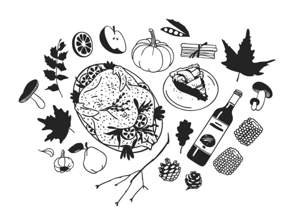 手描きの秋の休日のイラスト 創造的なインクアート作品 実際のベクトル黒と白の図面 感謝祭セット 食べ物 飲み物 — ストックベクタ
