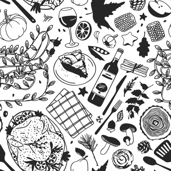 手描きの秋の休日のイラスト 創造的なインクアート作品 実際のベクトル描画 感謝祭の日 物事とシームレスなパターン — ストックベクタ