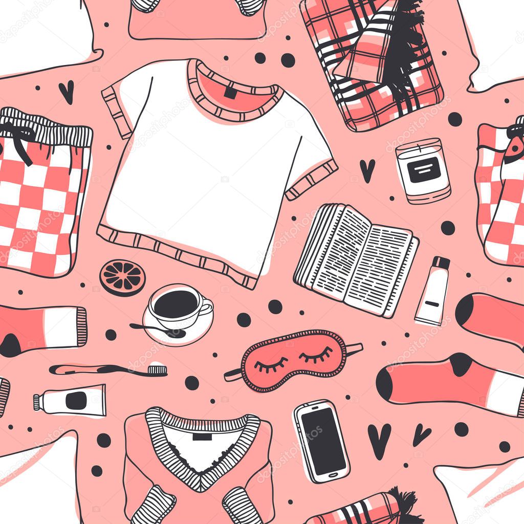 Hand drawn seamless pattern with objects about Sleep Routines.Vector Cozy Illustration. Creative artwork. Set of doodle pajamas, socks, mask, book and other