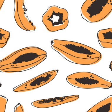 Tropikal papaya ile kusursuz desen. El yapımı stil meyve ve sebze. Vektör sanatsal olarak taze organik besinler çiziyor. Yaz illüstrasyonu meyve suyu için vejetaryen malzemeler