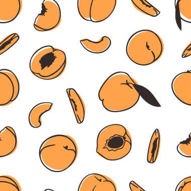 Şeftalili, kusursuz desen. El yapımı stil meyve ve sebze. Vektör sanatsal olarak taze organik besinler çiziyor. Yaz illüstrasyonu meyve suyu için vejetaryen malzemeler