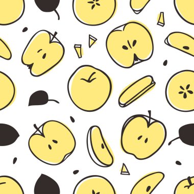 Elmayla dikişsiz desen. El yapımı stil meyve ve sebze. Vektör sanatsal olarak taze organik besinler çiziyor. Yaz illüstrasyonu meyve suyu için vejetaryen malzemeler