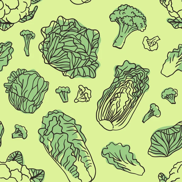 キャベツのシームレスなパターンをかわす 手描きのスタイリッシュな果物や野菜 新鮮な有機食品を描くベクトル芸術 夏のイラストスムーズなビーガン食材 — ストックベクタ