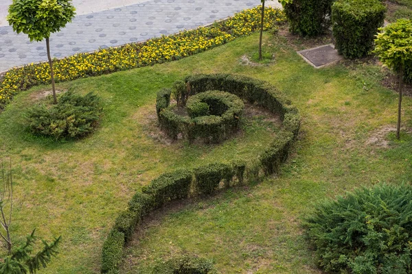 Bir Romen kentinde özel bir çim tasarımı düzenlenmiş bir düzenleme yukarıdan fotoğraflandı. Seçici odak