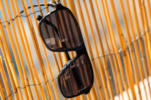 Retro aviator sluneční brýle model s černými čočkami pobyt na bambusovém plotu v letním dni detailní up. Selektivní zaměření — Stock fotografie