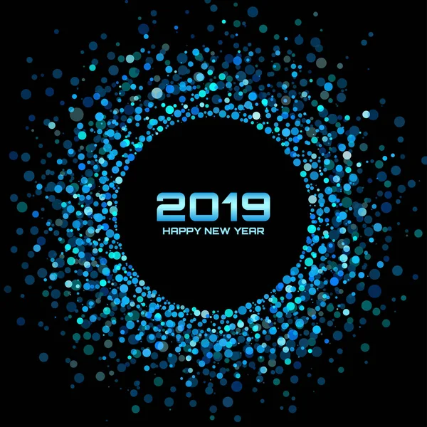 Año Nuevo 2019 fondo de la tarjeta. Vacaciones de Navidad. Confetti círculo marco de vacaciones. Fiesta azul. Navidad brillando alrededor. Luces de disco brillantes. Marco de círculo de medio tono. Ilustración vectorial . — Vector de stock