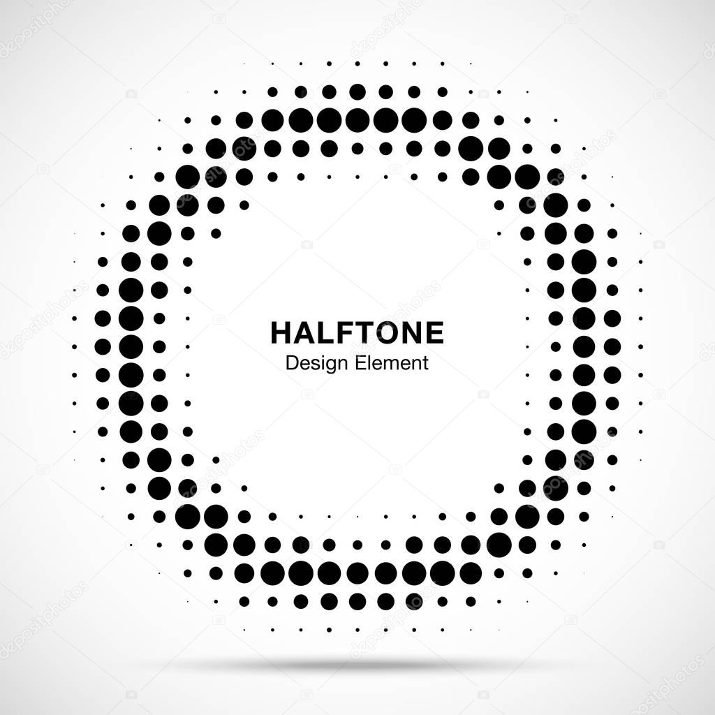 Halftone circle frame dots logo emblem. Design element for medical, treatment, cosmetic. Round border Icon using halftone circle dots raster texture. Vector illustration.