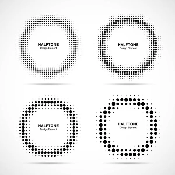 Halvton cirkel ram prickar logotypen emblem ställa isolerade på vit bakgrund. Cirkulär designelement för sjukvård, behandling, teknik. Runt gränsen prickar ikon med hjälp av halvton cirkel textur. Vektor — Stock vektor