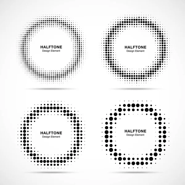 半色调圆形框架点标志标志设置隔离在白色背景。用于医疗、治疗、技术的圆形设计元素。使用半色调圆点纹理的圆形边框图标。向量 — 图库矢量图片