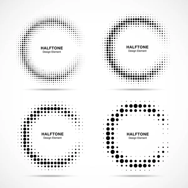 Halftone incomplete circle frame dots logo set isolated on white background. Circular part design element for treatment, technology. Half round border Icon using halftone circle dots texture. Vector — Stock Vector