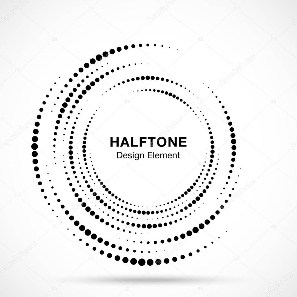 Halftone vortex circle frame dots logo isolated on white background. Circular swirl design element for treatment, technology. Incomplete round border Icon using halftone circle dots texture. Vector