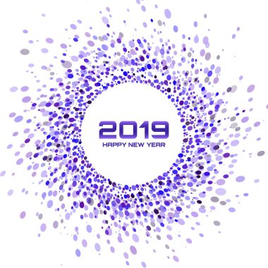 Yeni yıl 2019 kartı. Beyaz arka plan üzerinde renkli parlak mor mavi daire kare izole Noel. Konfeti daireler tasarlayın. Canlı renkli noktalar zemin. Vektör çizim.