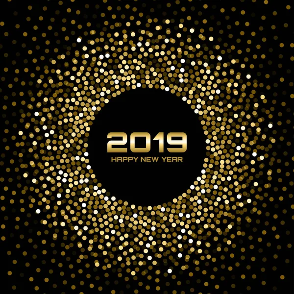 Año Nuevo 2019 Fondo de la tarjeta. Confeti de papel brillo dorado. Luces Golden Disco Brillantes. Marco circular brillante usando medio tono círculo confeti puntos textura. Elemento de borde redondo Navidad. Vector — Vector de stock