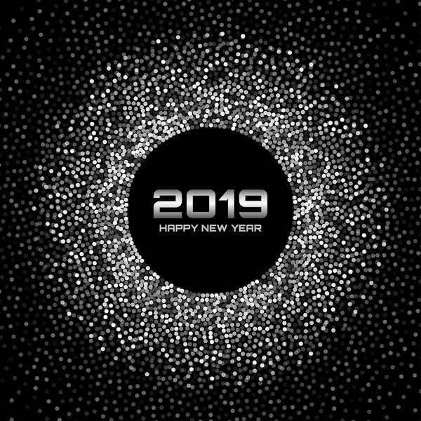 Año Nuevo 2019 Fondo de la tarjeta. Papel brillo confeti blanco. Luces de Disco Gris Brillantes. Marco circular gris plateado con textura de puntos confeti círculo de medio tono. Elemento fronterizo navideño. Vector — Vector de stock