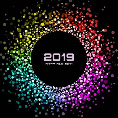 Yeni yıl 2019 kartı arka plan. Parlak renkli disko ışıkları noktalı resim daire siyah arka plan üzerine izole kare. Konfeti daire sınır gökkuşağı renkleri kullanarak doku nokta. Vektör çizim.