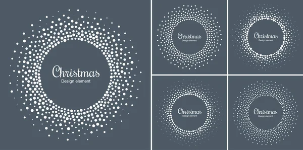 New Year 2019 Card Backgrounds set. Snow flake circle frame. Halftone round snowflake dotted frame. Christmas white circular frame using halftone circle snow dots texture. Vector collection. — Stock Vector