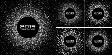 Yeni yıl 2019 kartı arka plan ayarlayın. Parlak beyaz kağıt konfeti. Parlak gri disko ışıkları. Gri Gümüş dairesel çerçeve noktalı resim daire konfeti kullanarak doku nokta. Noel koleksiyon. Vektör