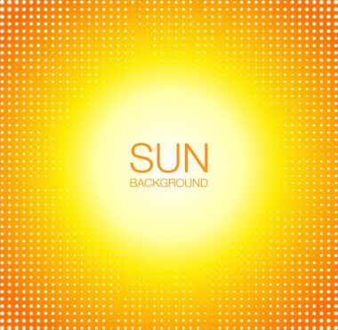 Güneş turuncu noktalı resim daire arka plan. Yarı ton nokta dokusu güneşli sarı çerçeve. Vektör çizim.