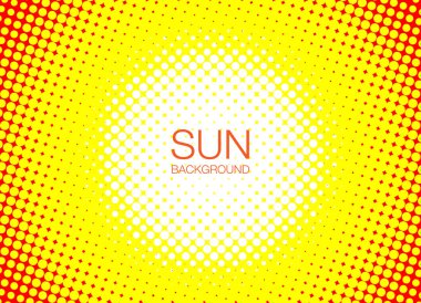 Güneş turuncu noktalı resim daireler yatay arka plan. Yarı ton nokta dokusu güneşli sarı çerçeve. Vektör çizim.