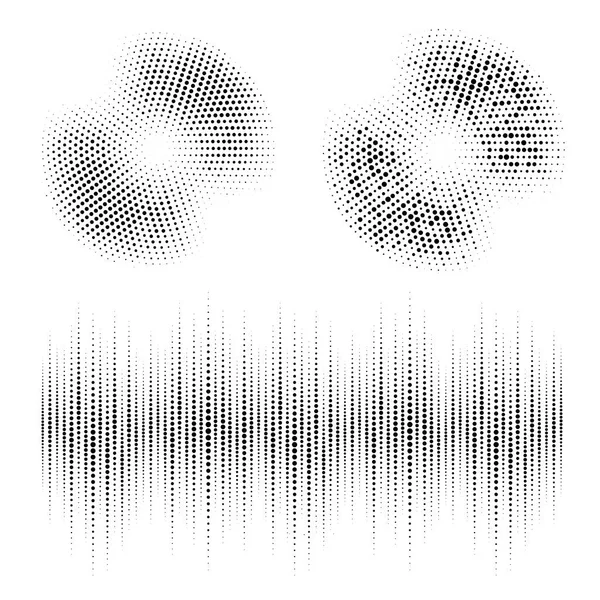 Cadre demi-ton cercle en pointillés arrière-plans ensemble. Bordure ronde Icône en utilisant demi-ton cercle points raster texture. Collection de taches circulaires Grunge. Égaliseur audio. Illustration vectorielle . — Image vectorielle