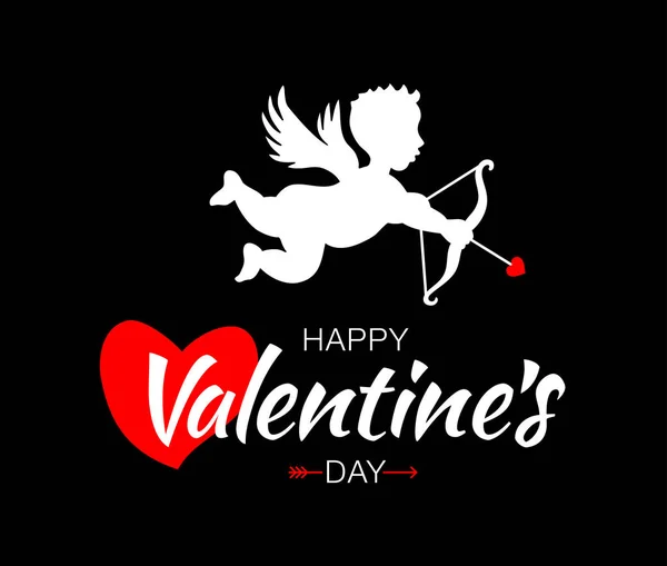 Cupid silhouette with bow and arrow red heart on black background. Valentines Day design. White flying Angel. Amur symbol of love for Valentines Day, wedding invitation card. Vector illustration. — Stock Vector
