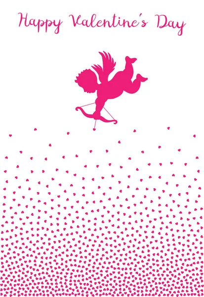 Silhouette de Cupidon avec arc et coeur de flèche sur fond blanc. Design Saint-Valentin. Ange volant rose. Symbole Amour Amour pour la Saint Valentin, carte d'invitation de mariage. Coeur fond violet . — Image vectorielle