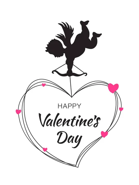 Cupid zwarte silhouet met pijl en boog hart op een witte achtergrond. Valentijnsdag ontwerp. Flying Angel met rode, paarse harten. Amoer symbool van de liefde voor Valentijnsdag, bruiloft uitnodigingskaart. — Stockvector