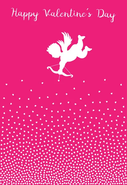 Silhouette de Cupidon avec arc et coeur de flèche sur fond rose. Design Saint-Valentin. Ange volant blanc. Symbole Amour Amour pour la Saint Valentin, carte d'invitation de mariage. Coeurs fond violet . — Image vectorielle