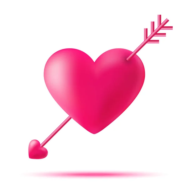 Cupid hart met cupid pijl. Symbool van de liefde voor Valentijnsdag, bruiloft uitnodigingskaart. 3D hartje met pijlpictogram geïsoleerd op een witte achtergrond. Aftelkalender voor Valentijnsdag ontwerpelement. Vectorillustratie. — Stockvector