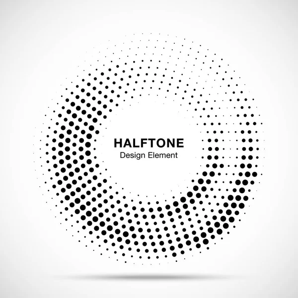 Halftone circle dotted frame circularly distributed. Abstract dots logo emblem design element. Round border Icon using random halftone circle dot raster texture. Half tone circular background pattern. — Stock Vector