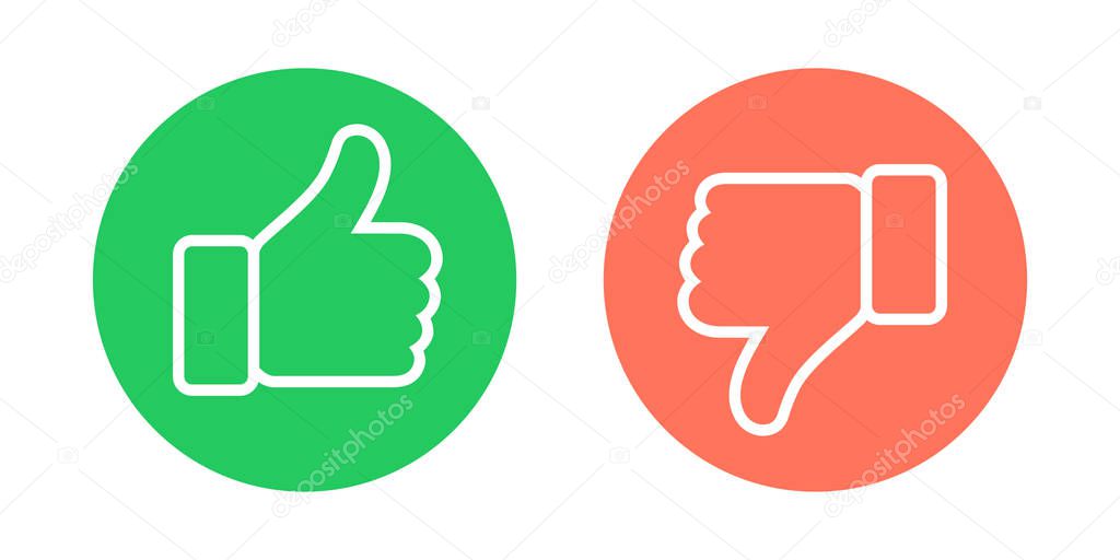 Do and Dont symbols. Thumbs up and thumbs down circle emblems. Like and dislike icons set. Vector illustration.