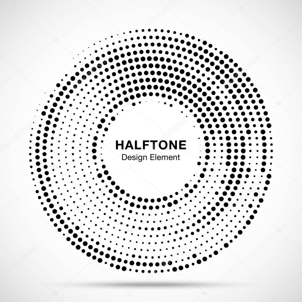 Halftone circle dotted frame circularly distributed. Abstract dots logo emblem design element. Round border Icon using random halftone circle dot raster texture. Half tone circular background pattern.