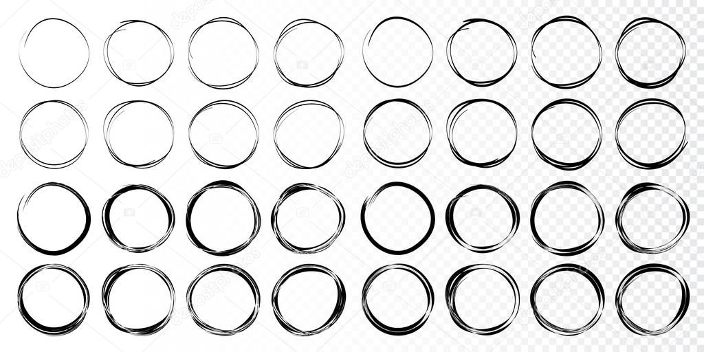 Hand drawn circles sketch frame set. Rounds scribble line circles. Doodle circular logo design elements.  Vector illustrations.