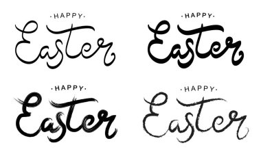 Mutlu Paskalya siyah boya seti yazı. Tatil tebrik kartı ve davetiye mutlu Paskalya günü için çizilen hat ve fırça kalem tasarım ver. Vektör çizim.