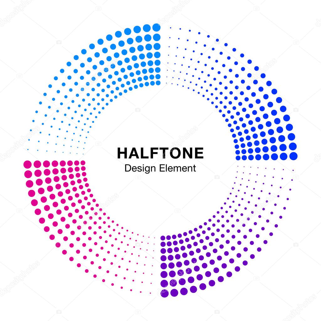 Halftone colorful circle frame abstract dots logo emblem design element. Half tone circular icon. Disc musical insignia. Music round border using halftone circle dots raster texture. Vector.