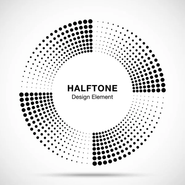 Halftone music circle frame abstract dots logo emblema elemento de diseño. Icono circular de medio tono. Insignia musical de disco. Borde redondo usando puntos de círculo de medio tono textura raster. Ilustración vectorial . — Archivo Imágenes Vectoriales