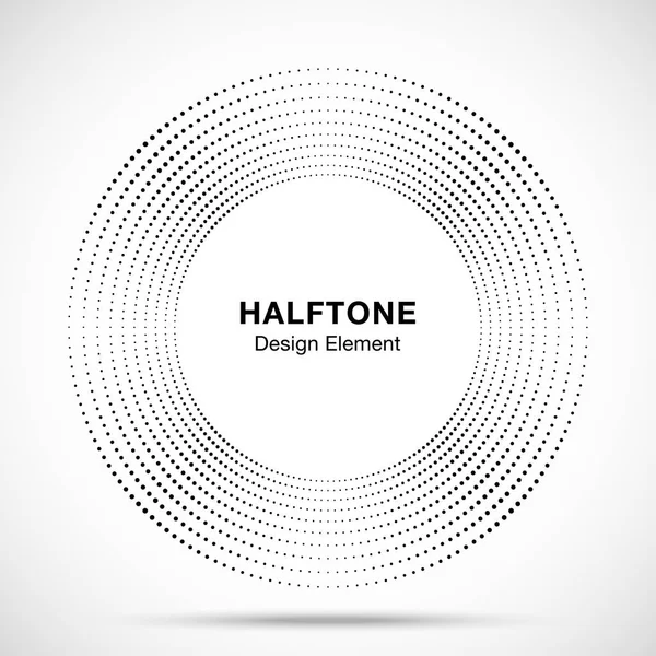 Halftone music circle frame abstract dots logo emblema elemento de diseño. Icono circular de medio tono. Insignia musical de disco. Borde redondo usando puntos de círculo de medio tono textura raster. Ilustración vectorial . — Archivo Imágenes Vectoriales