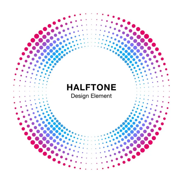 Halftone colorful circle frame abstract dots logo emblem design element. Half tone circular icon. Disc musical insignia. Music round border using halftone circle dots raster texture. Vector. — Stock Vector
