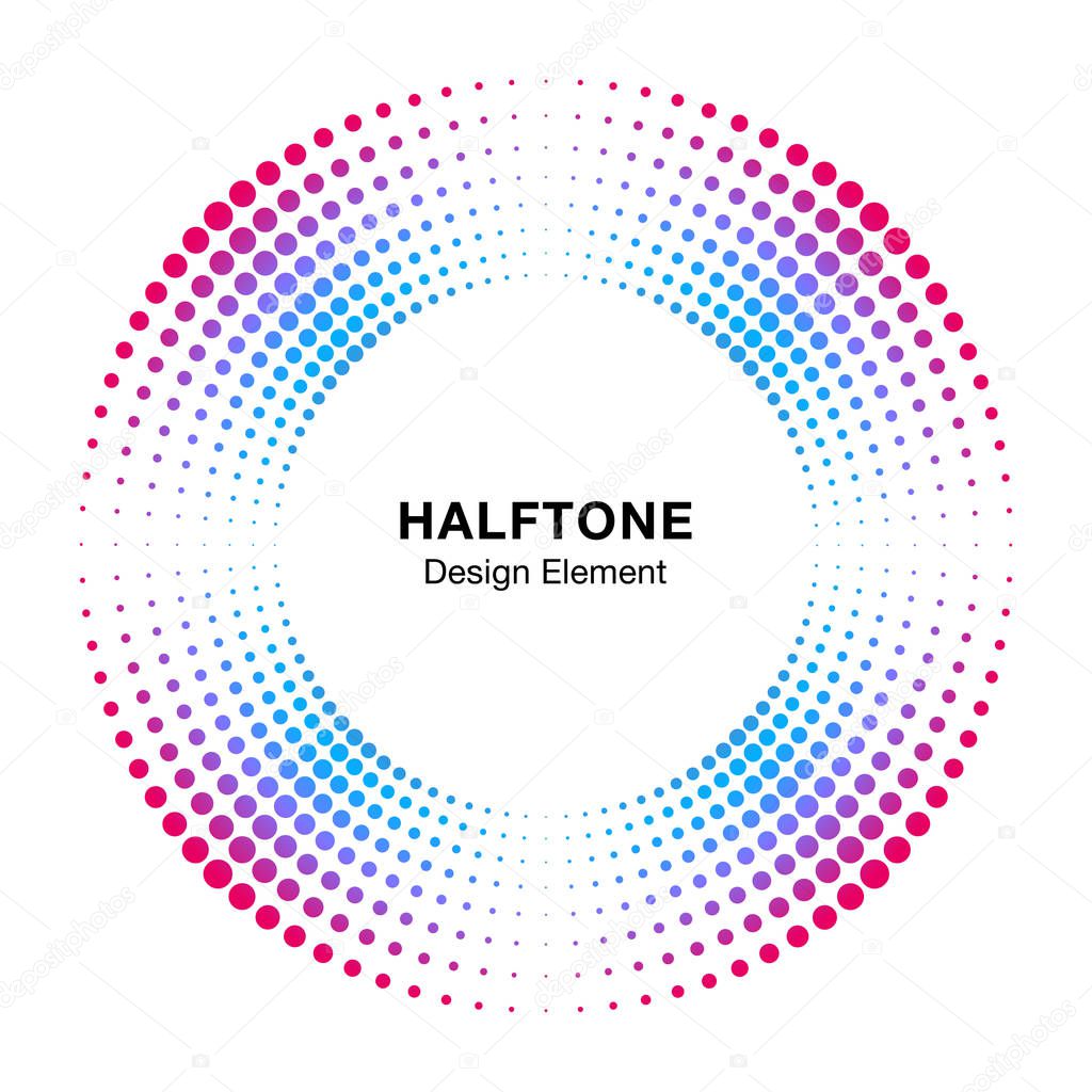 Halftone colorful circle frame abstract dots logo emblem design element. Half tone circular icon. Disc musical insignia. Music round border using halftone circle dots raster texture. Vector.