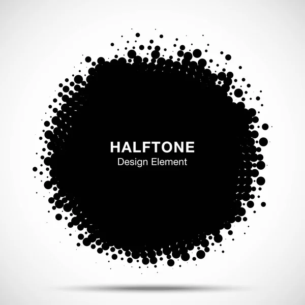 Halftone circle frame abstract dots logo emblem design element. Half tone circular icon. Grunge round border using halftone circle dots raster texture. Vector illustration. — Stock Vector