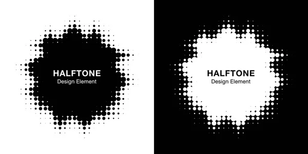 Halftone blot frame set. Abstract dots logo emblem design element. Half tone stain icon. Grunge border using halftone circle dots raster texture. Vector collection — Stock Vector