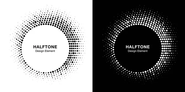 Halftone daire çerçeve soyut nokta logo amblem tasarım öğesi. Yarım ton dairesel simge koleksiyonu. Halftone daire noktaraster doku kullanarak orijinal yuvarlak kenarlık. Vektör kümesi. — Stok Vektör