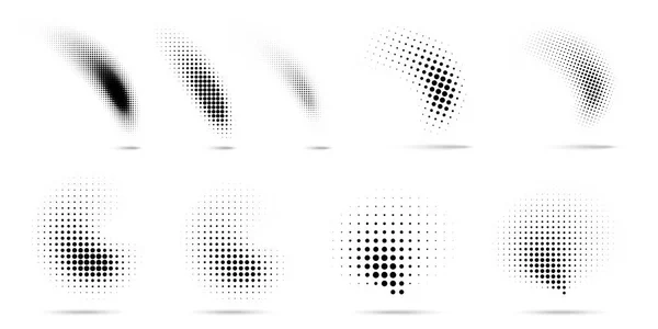Conjunto de puntos de medio tono de textura de patrón de gradiente curvado aislado sobre fondo blanco. Curva manchas punteadas utilizando la colección de textura raster círculo semitono punto. Vector blot colección de medio tono . — Archivo Imágenes Vectoriales