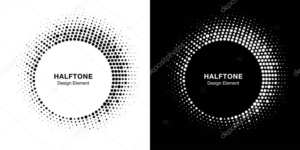 Halftone circle frame abstract dot logo emblem design element. Half tone circular icon collection. Original round border using halftone circle dots raster texture. Vector set.