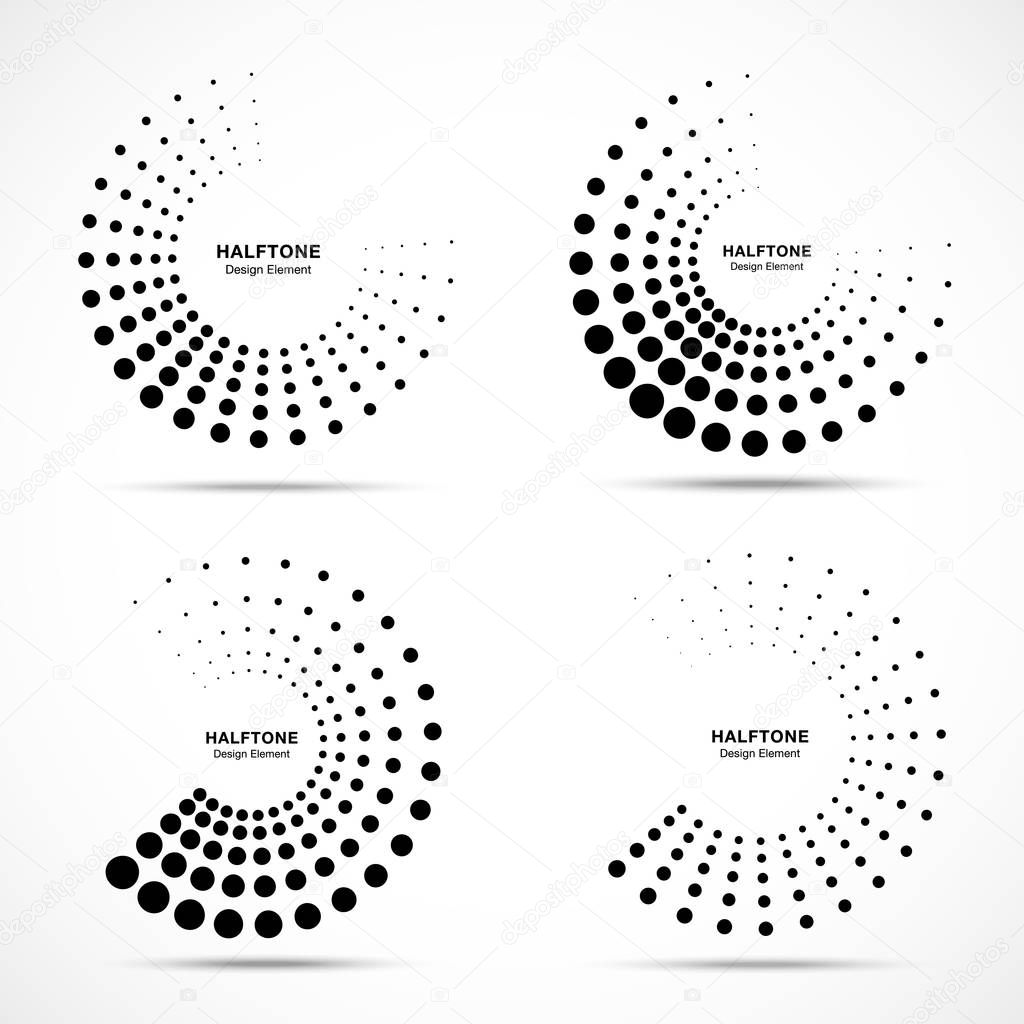 Halftone dotted circle frame abstract dots logo emblem design element set. Half moon. Round border Icon using halftone circle dots raster texture. Vector collection.