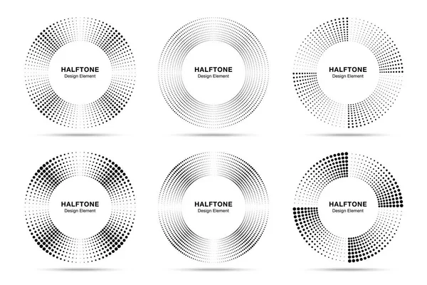ハーフトーンミュージックサークルフレーム抽象ドットロゴエンブレムデザインエレメントセット。ハーフトーンの円形アイコン。ディスクミュージカルの印。ハーフトーン円を使用した丸い境界線は、ラスター テクスチャをドットします。ベクトルコレクション. — ストックベクタ