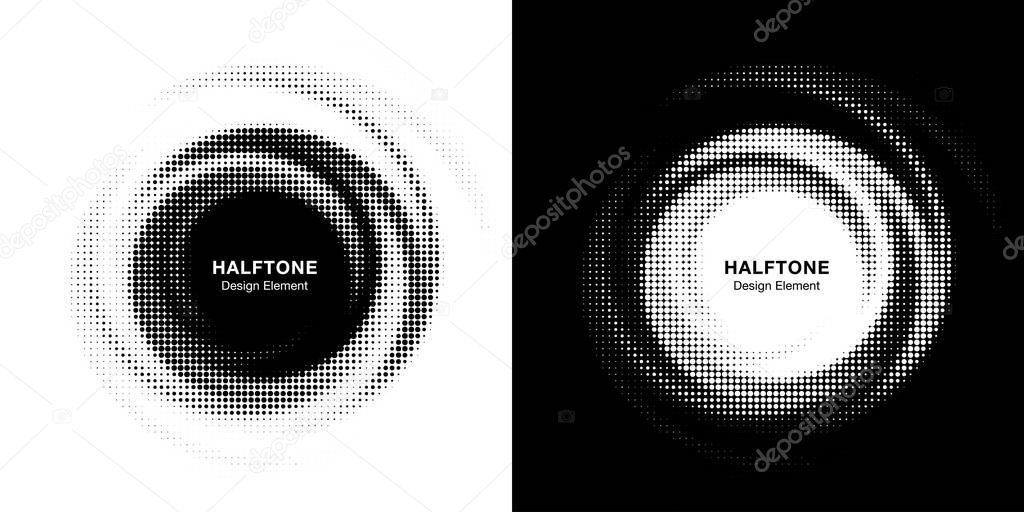 Halftone circle dotted frame circularly distributed set. Abstract dots logo emblem design element. Round border Icon using random halftone circle dot  texture. Half tone circular background pattern.