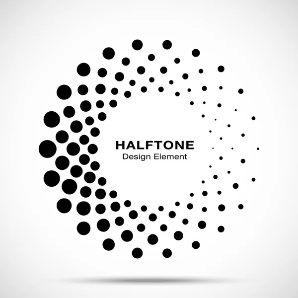 Halftone circle dotted frame circularly distributed. Vector dots logo emblem design element. Round border Icon using random halftone circle dot raster texture. Half tone circular background pattern. — Stock Vector