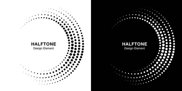 Set of Halftone incomplete circle frame dots logo isolated on background. Circular part design element for treatment, technology. Half round border Icon using halftone circle dots texture. Vector