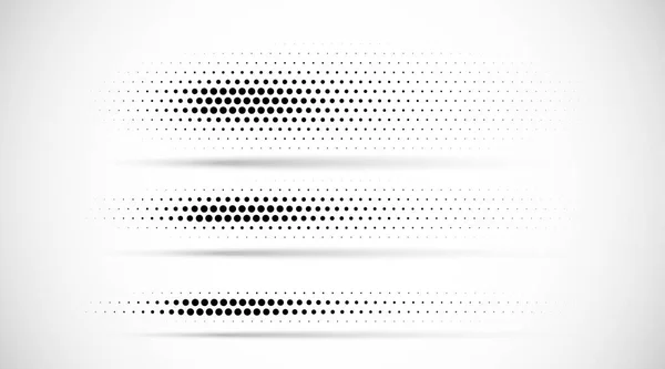 Uppsättning halvtonspunkter övertoningsmönster textur isolerad på vit bakgrund. Raka prickiga fläckar med halv tons cirkel punkt raster textur. Vector blot halv ton samling. Avdelare linjer. — Stock vektor